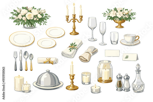Wedding table setting with flowers, candles, and dinnerware for a special event