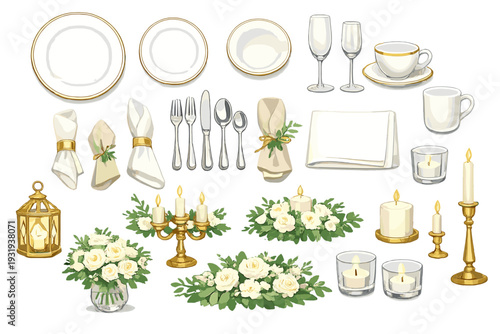 Decorative table setting with plates, glasses, cutlery, and floral arrangements for a special event or gathering