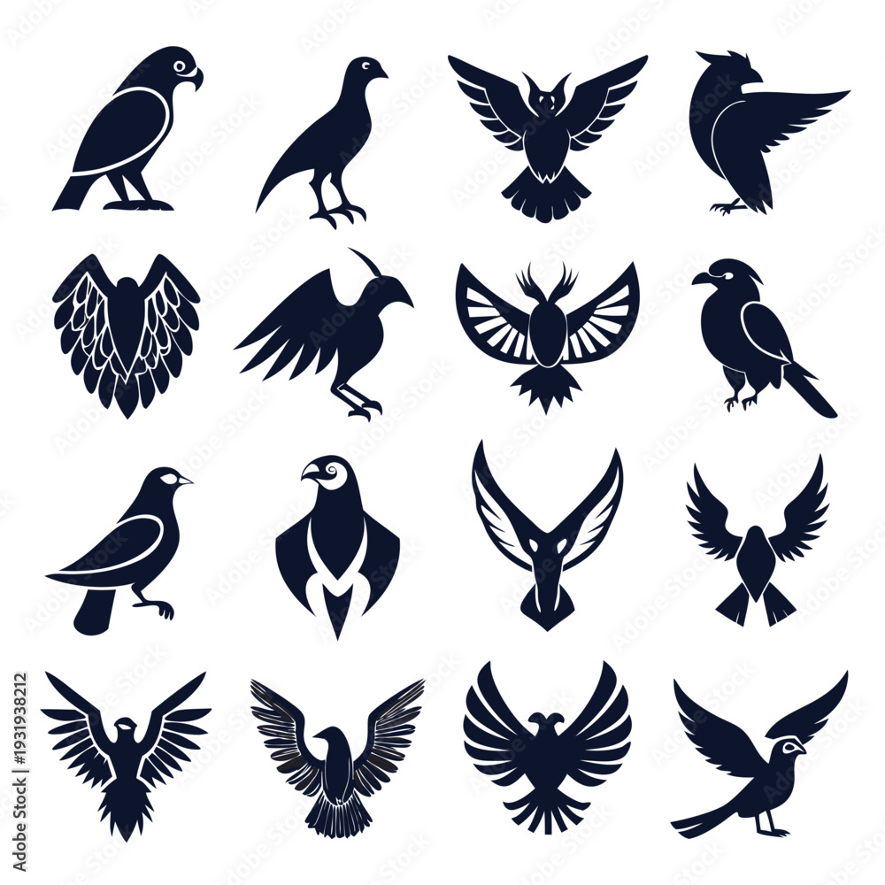Fototapeta premium Collection of sixteen abstract bird silhouette icons on white