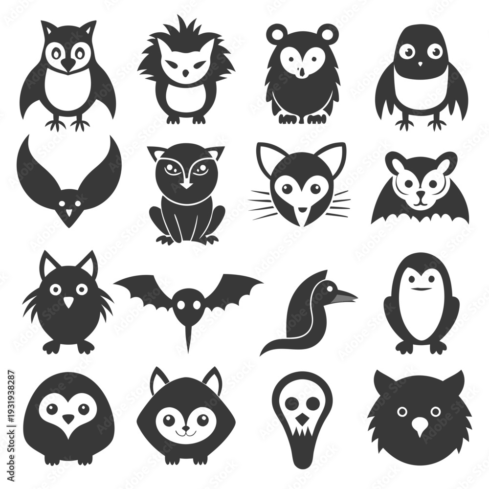 Fototapeta premium Collection of monochromatic vector icons of animals and birds