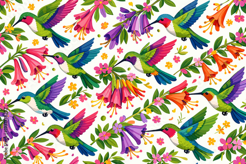 Colorful hummingbirds gather around flowers in a vibrant floral scene in spring