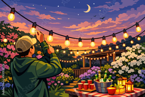 Setting up lights at a backyard gathering during sunset with friends and family in a garden filled with flowers and decorations
