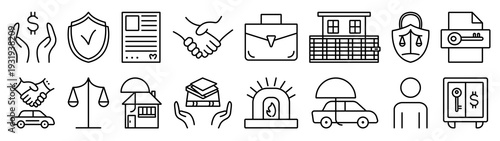 Law and justice black line icon set. Monochrome linear sign bundle, judge and lawyer editable stroke cliparts, vector outline pictograms