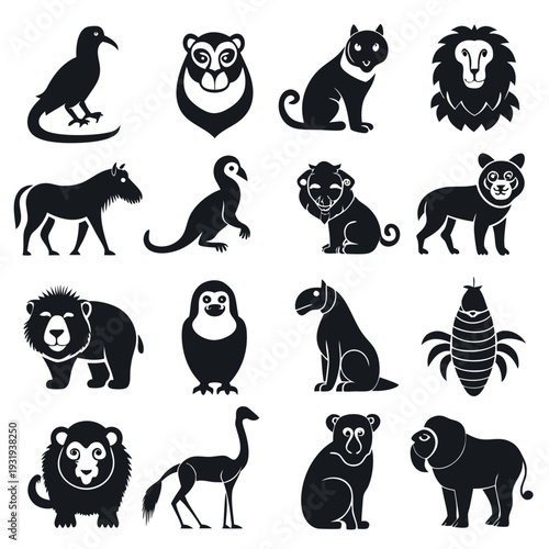 Collection of stylized animal silhouette vector designs in black