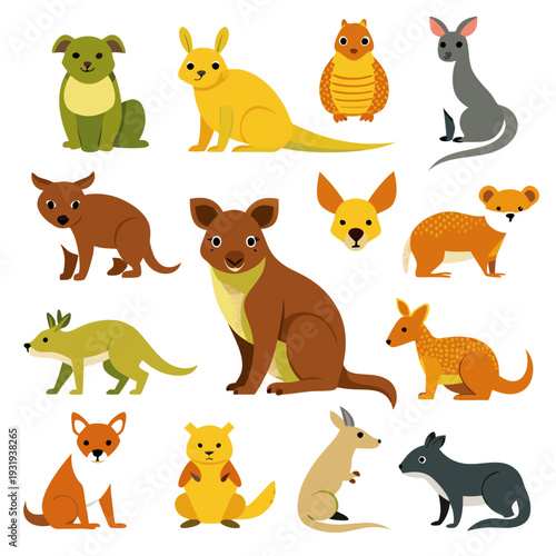 Collection of cartoon marsupials and a canine illustration