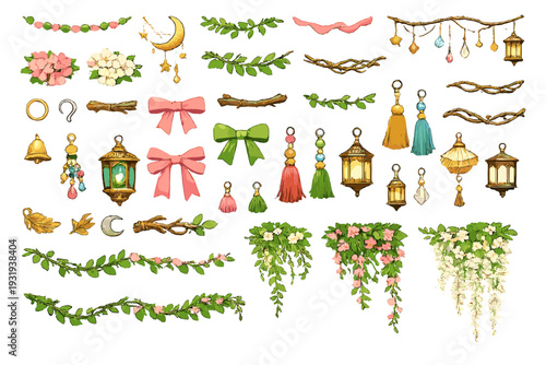 Decorative elements featuring flowers, lanterns, bows, and other designs for crafting or festive occasions