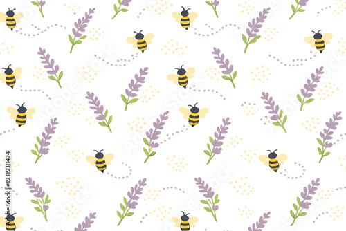 Pattern of bees and lavender on a white background with cheerful colors showing nature and its elements during the daytime