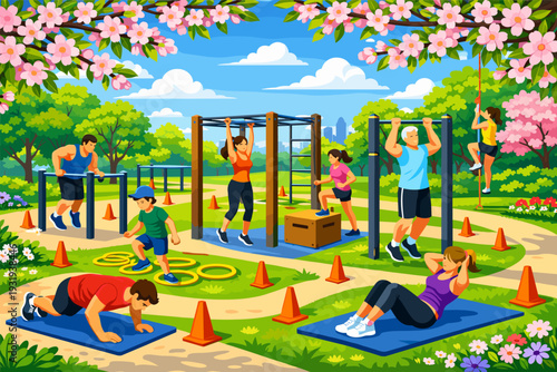 People exercise in a park during a sunny day, using different fitness equipment and taking part in various activities