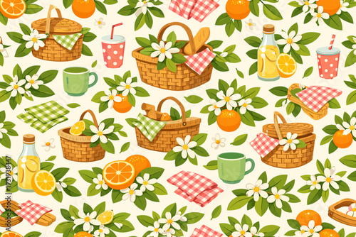 Colorful pattern with picnic baskets, citrus fruits, and drinks on a light background showing fruits and flowers