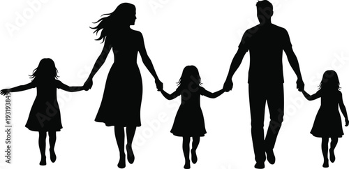 Silhouette family of five walking together illustration symbolizing unity, parental care, love, relationships, togetherness, growth and community bonds.