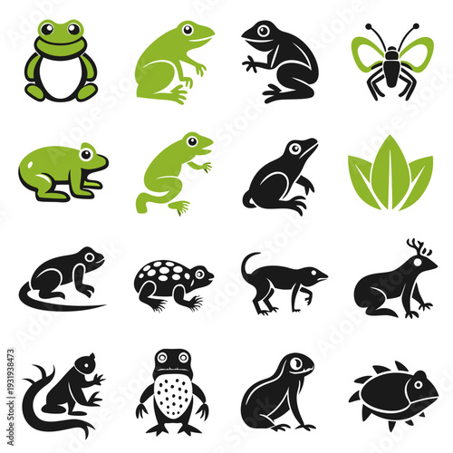 Variety of stylized frogs and nature elements collection