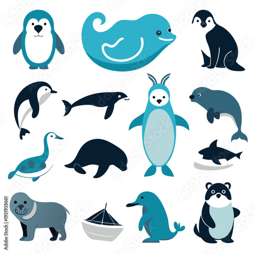 Aquatic animal collection: flat design illustration with blues and grays