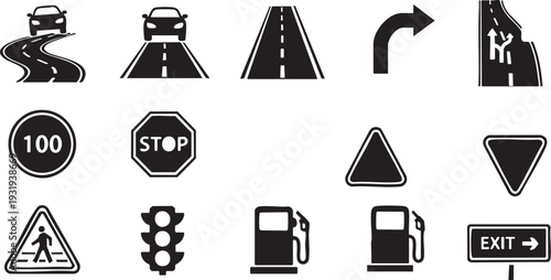 Minimalist Traffic Sign and Road Icon Set Vector Silhouette