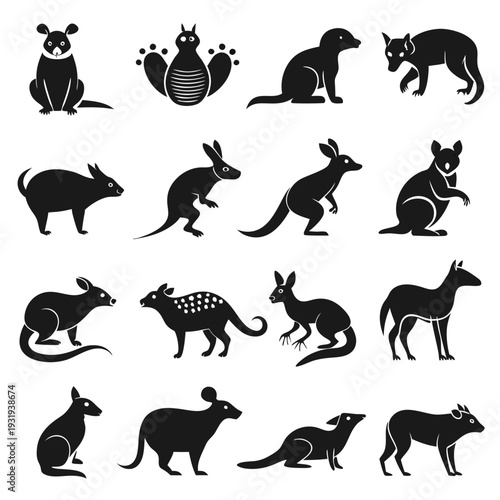 Collection of black animal icons, Australian wildlife silhouette set