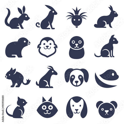 Monochrome Animal Icons Vector Illustration on White Background