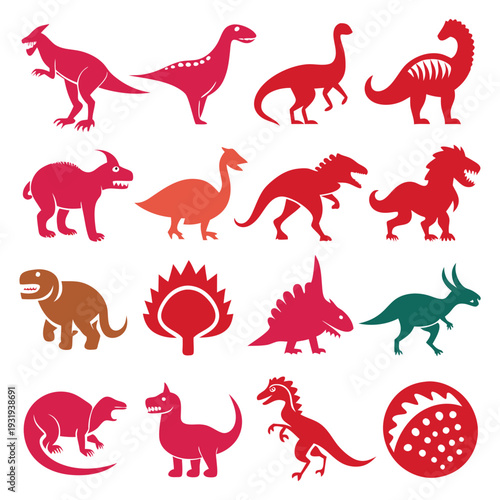 Collection of Colorful Dinosaur Silhouettes in Flat Design Style