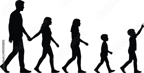 Silhouette family walking together illustration with adults and children symbolizing unity, togetherness, growth, journey, love and relationships.