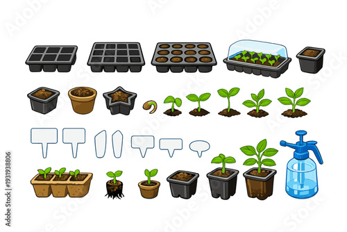 Tools and containers for planting seeds and growing plants in a garden setting