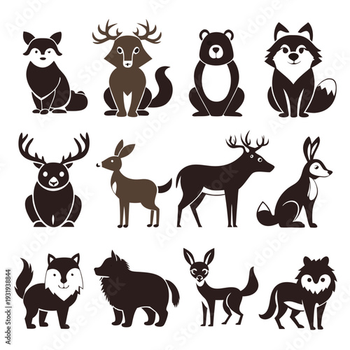 Collection of simple flat animal vectors isolated on white