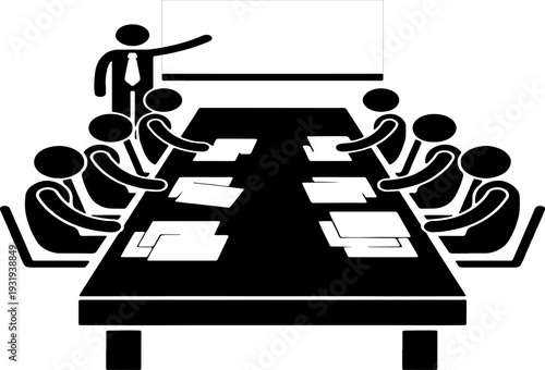 Business leader giving a presentation to professional team in board room, minimalist black and white vector illustration.