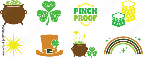 Diverse St. Patricks Day lucky symbols with pots of gold and vibrant shamrocks