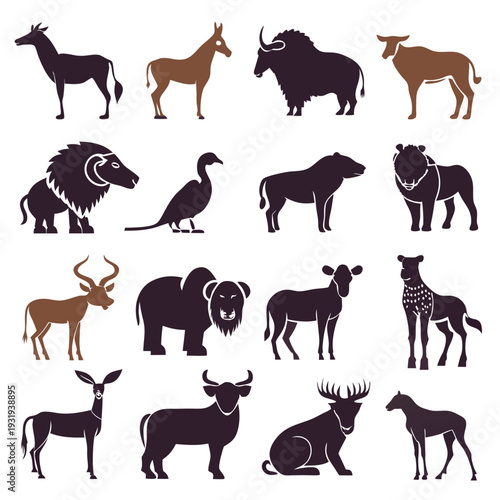 Diverse set of animal silhouettes against a white backdrop