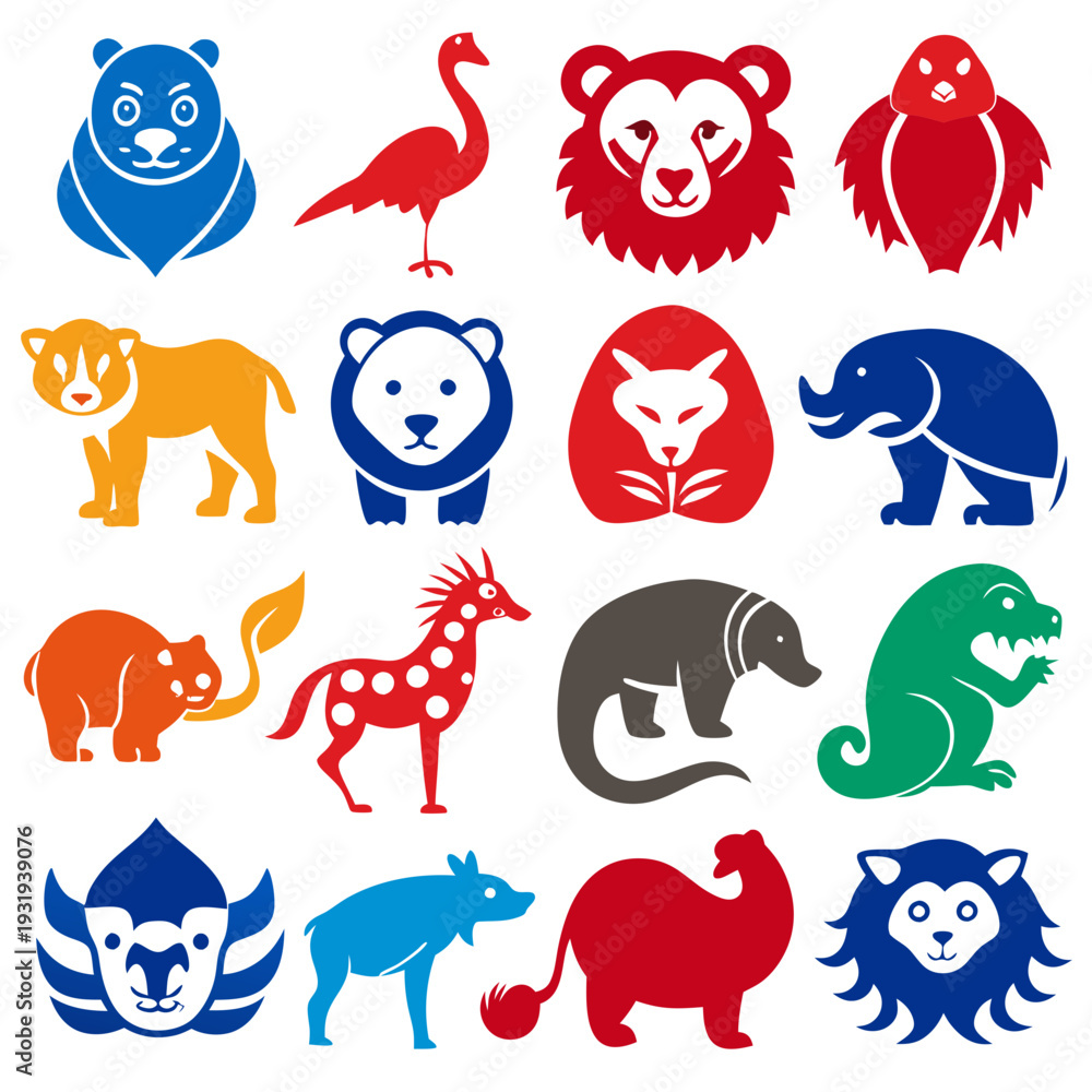 Naklejka premium Collection of colorful stylized animal icons on a white background
