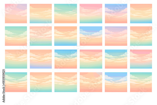 Colorful sky patterns with clouds in different shades during sunset and sunrise at various times of day