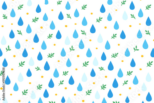 Pattern of water drops and flowers on a white background with simple shapes showing a playful design