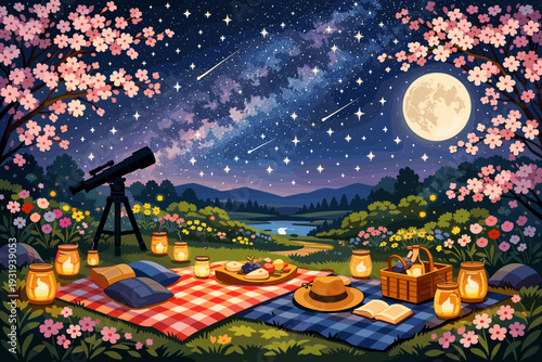 Starry night picnic with telescope and lanterns in a garden setting near a river under the full moon