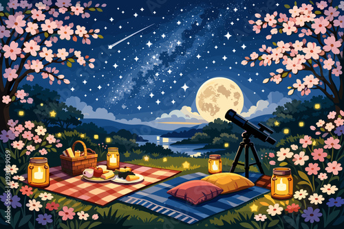 Evening picnic under the stars with food, lanterns, and a telescope near a river