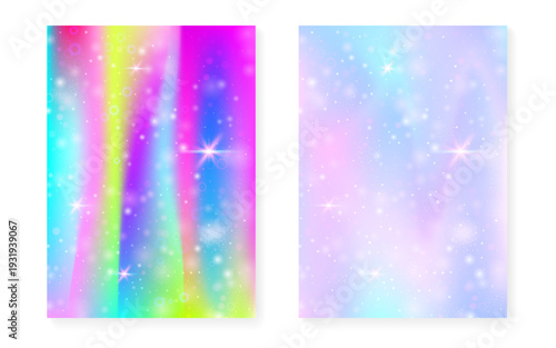 Unicorn background with kawaii magic gradient. Princess rainbow hologram. Holographic fairy set. Spectrum fantasy cover. Unicorn background with sparkles and stars for cute girl party invitation.