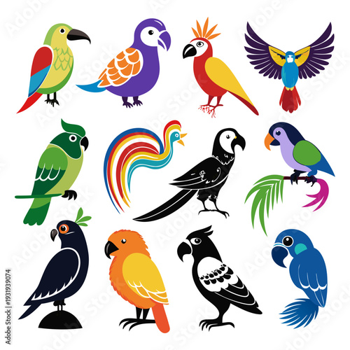 Collection of colorful parrot illustrations on a white background