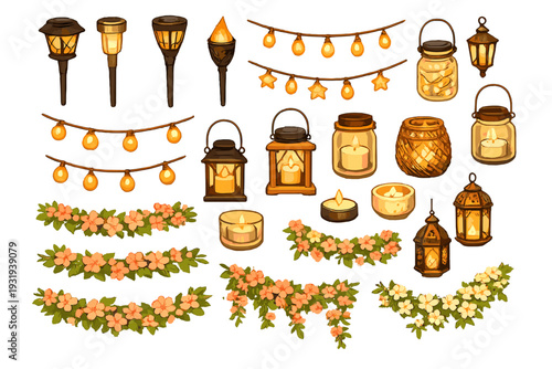 Decorative lanterns and lights displayed for an outdoor gathering in a warm setting with flowers