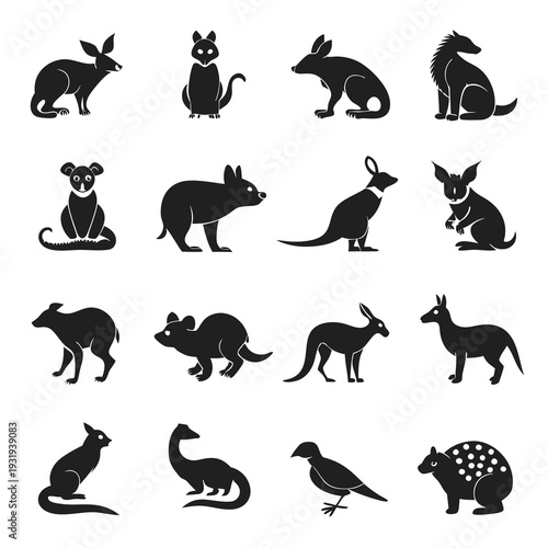 Monochrome silhouettes showcasing diverse marsupials and animals