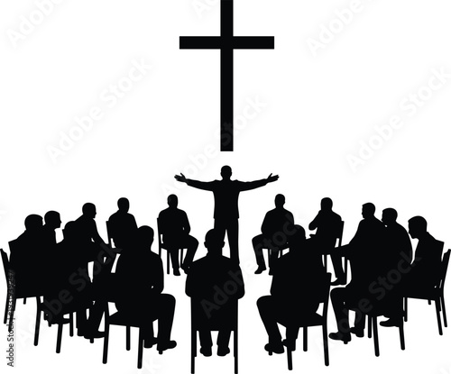 Silhouette business team standing in line with leader in center, vector illustration representing corporate leadership, teamwork, confidence, professionalism