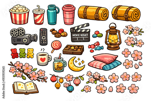 Creative items for a movie night with snacks, drinks, blankets, and decorations including flowers