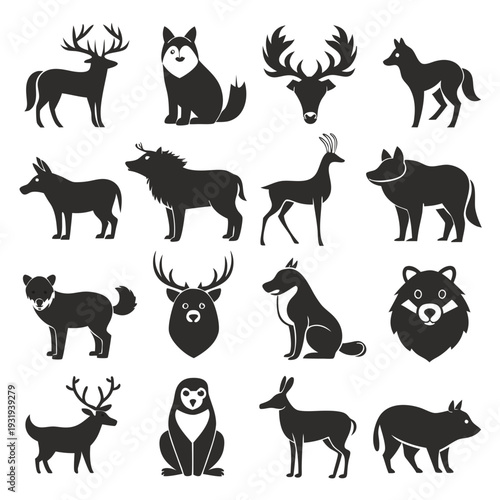 Assorted wildlife animal vector icons set, flat design