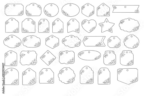 Shapes of tags with designs of flowers and leaves arranged in different sizes and types on a blank background for crafting projects