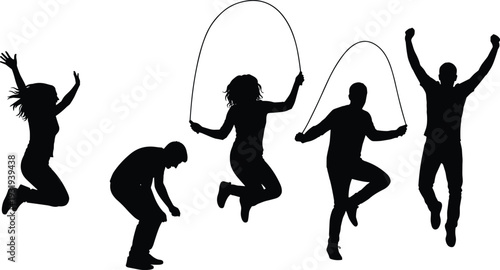 Silhouette group of people jumping and skipping rope, vector illustration representing fitness, joy, playfulness, exercise, dynamic motion, activity