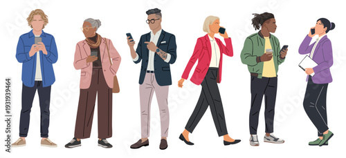 Set of Casual diverse business people standing full body using smartphones, texting, chatting and talking. Multiracial professionals in smart casual outfits isolated on transparent background.