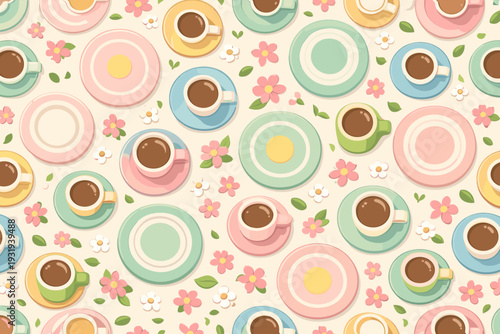 Colorful cups and plates arranged on a light background with flowers and leaves in a playful design suitable for many occasions