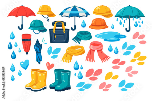 Rainy day gear and accessories include umbrellas, boots, hats, bags, and scarves with raindrops and leaves around