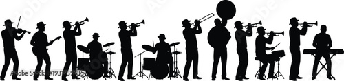 Silhouette jazz band ensemble with twelve musicians playing violin, guitar, trumpet, trombone, sousaphone, drums, keyboard in dynamic performance scene