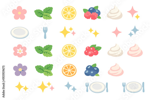 Colorful icons of fruits, flowers, and desserts arranged in a grid pattern for design projects and digital art needs