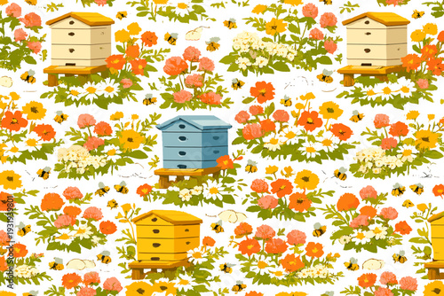 Bright bees and colorful flowers with beehives in garden setting during sunny day in spring time