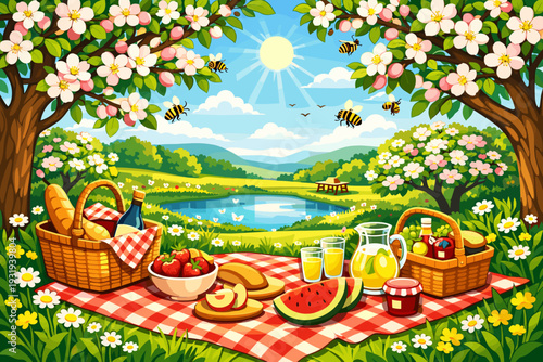 Brightly lit picnic scene at a riverside with food baskets, flowers, and bees during a sunny afternoon in spring
