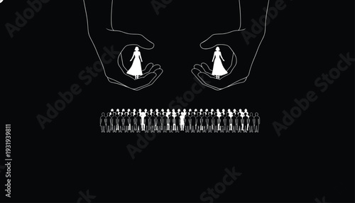 Silhouette large hands holding people above group, vector illustration representing authority, selection, individuality, control, societal structure, distinction