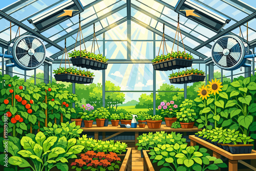 Greenhouse filled with plants and flowers during daylight with fans and sunlight shining through glass panels