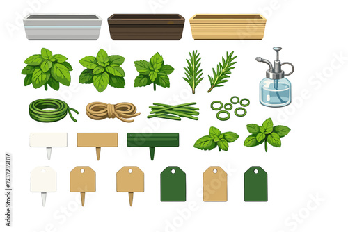 Different planting materials and tools for growing herbs in a garden or indoor space during spring time